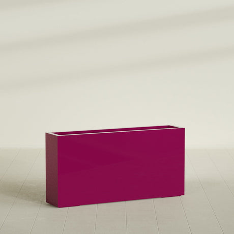 Milano Narrow Rectangular Planter in Gloss Eggplant, 48"L × 10"D × 24"H, shown empty