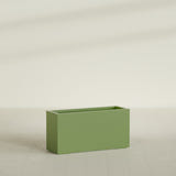 Miami Narrow Rectangular Planter in Satin Green, 36"L × 12"D × 18"H, shown empty