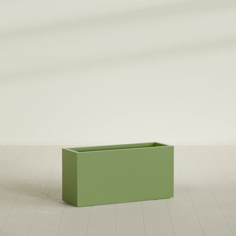 Miami Narrow Rectangular Planter in Satin Green, 36"L × 12"D × 18"H, shown empty