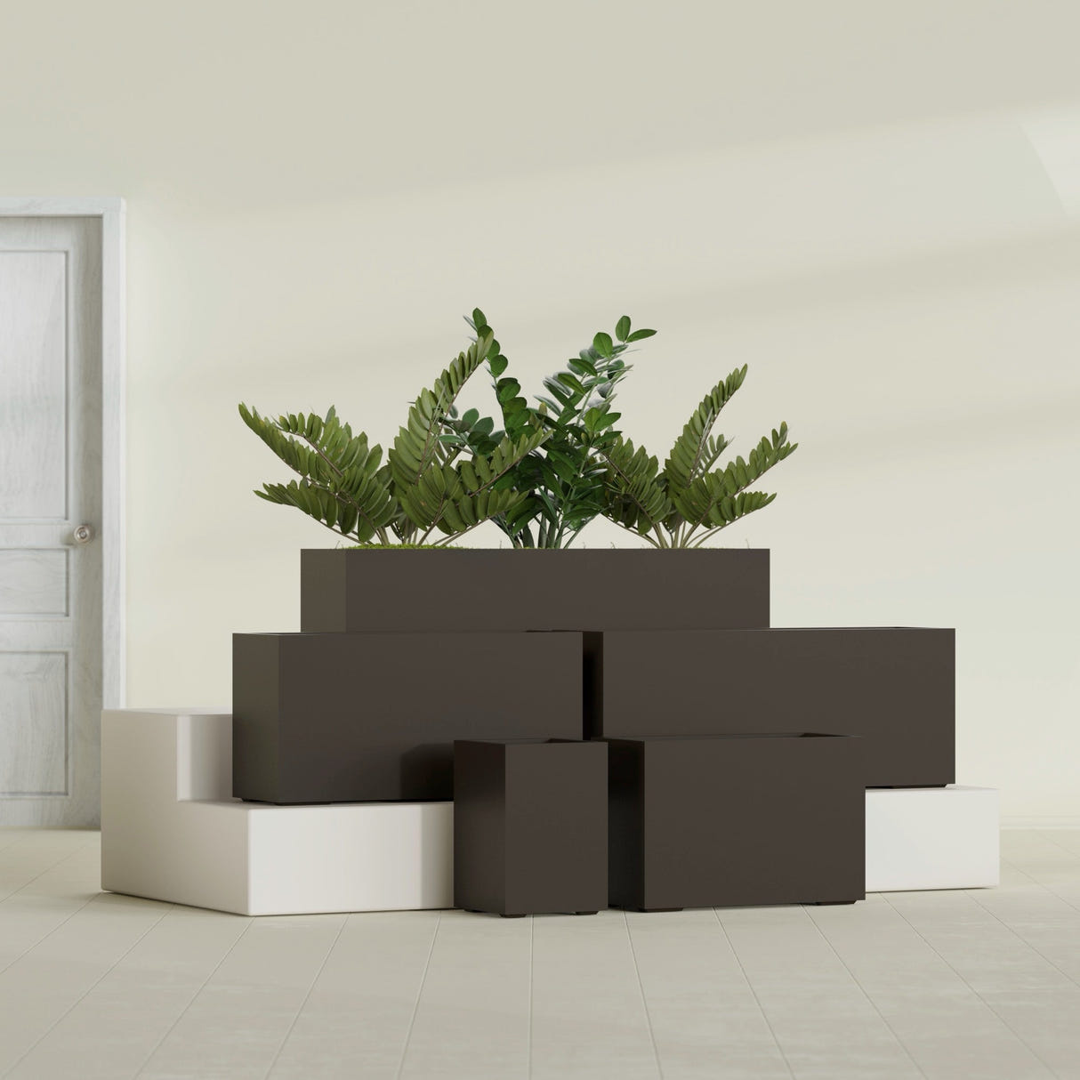 Tolga Rectangular fiberglass planter in Matte Dark Brown, size range, in a sunlit interior