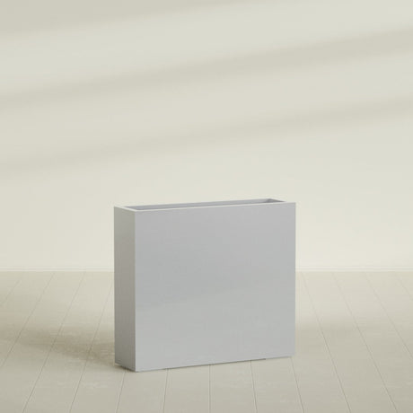 Amesbury Narrow Rectangular Planter in Metallic Silver, 36"L × 10"D × 32"H, shown empty