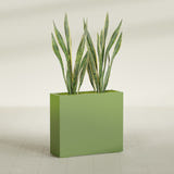 Perth Rectangular fiberglass planter in Satin Green, shown planted, in a sunlit interior