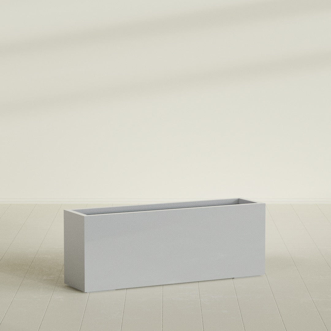 Miami Narrow Rectangular Planter in Metallic Silver, 48"L × 12"D × 18"H, shown empty