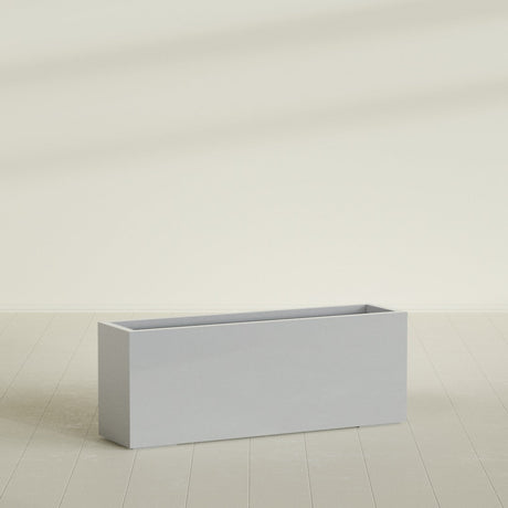 Miami Narrow Rectangular Planter in Metallic Silver, 48"L × 12"D × 18"H, shown empty