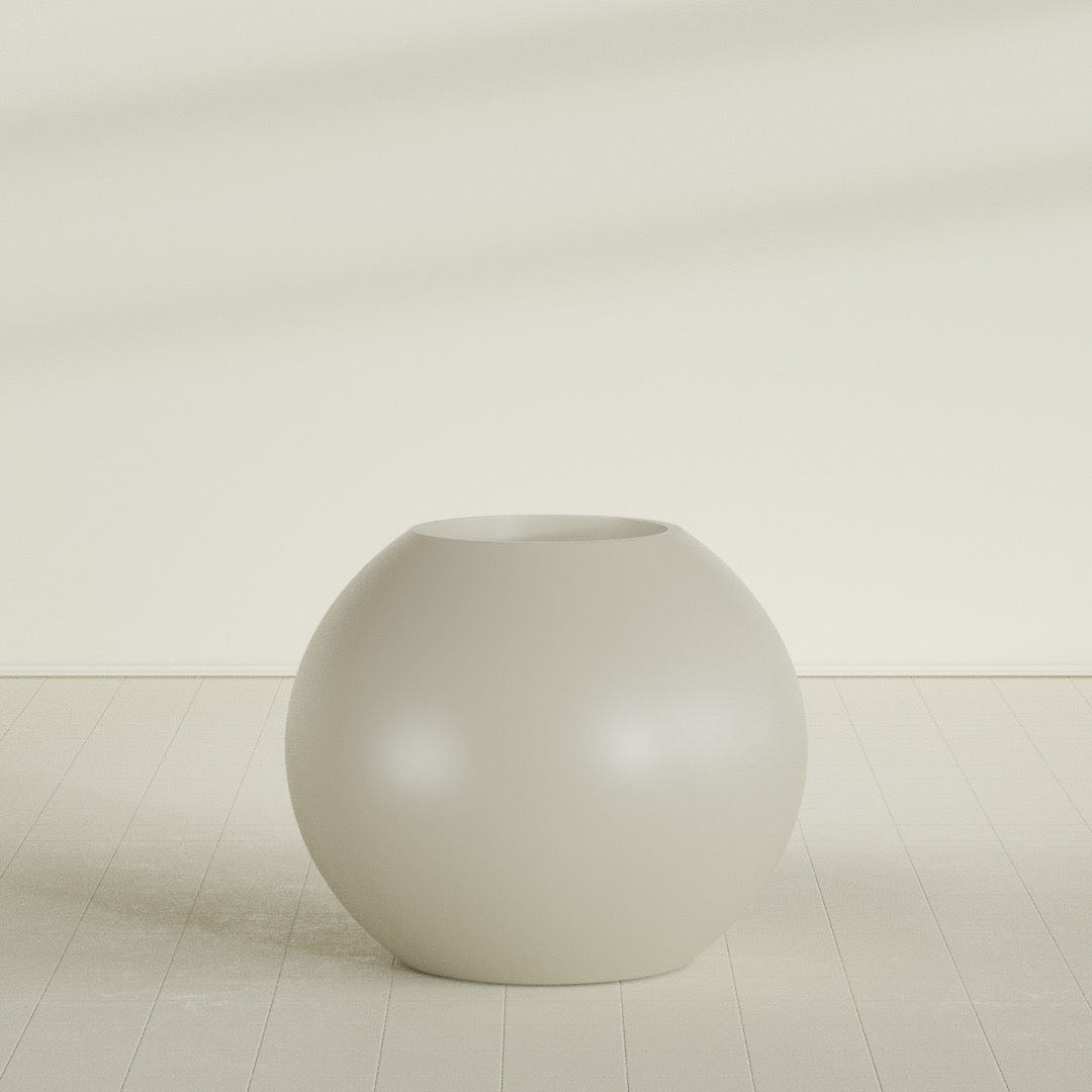 Globe Planter in Satin Beige, 36"D × 30"H, shown empty