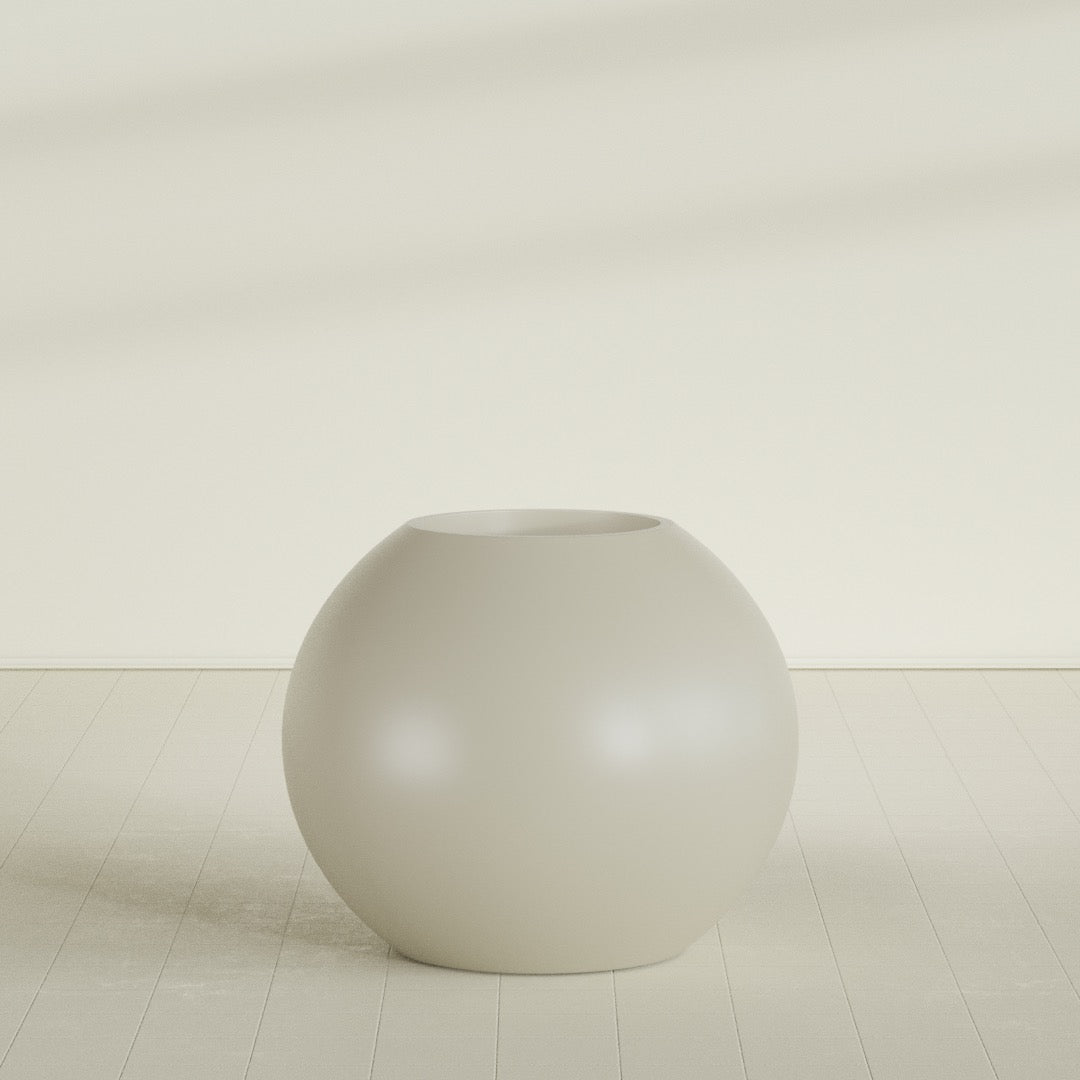 Globe Planter in Satin Beige, 36"D × 30"H, shown empty