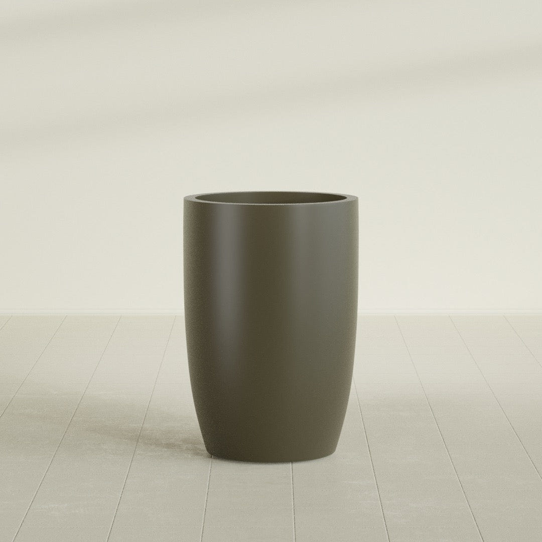 Lisbon tall round tapered fiberglass planter in Matte Bronze, 24 in diameter, 36 in high, shown empty