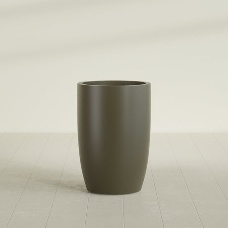 Lisbon tall round tapered fiberglass planter in Matte Bronze, 24 in diameter, 36 in high, shown empty