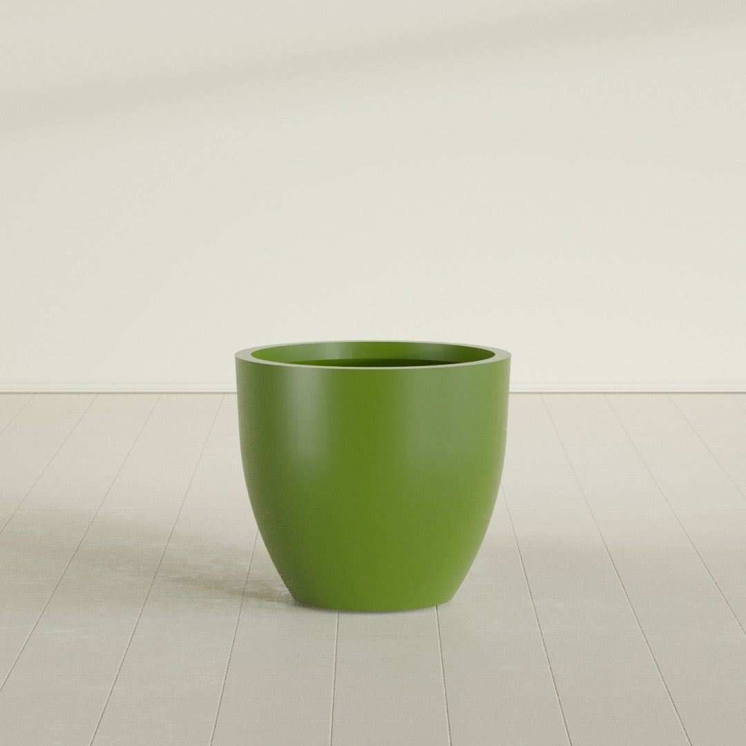 Wannsee Round Planter in Satin Green, 33"D × 29"H, shown empty