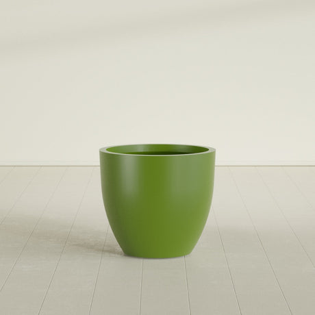 Wannsee Round Planter in Satin Green, 33"D × 29"H, shown empty
