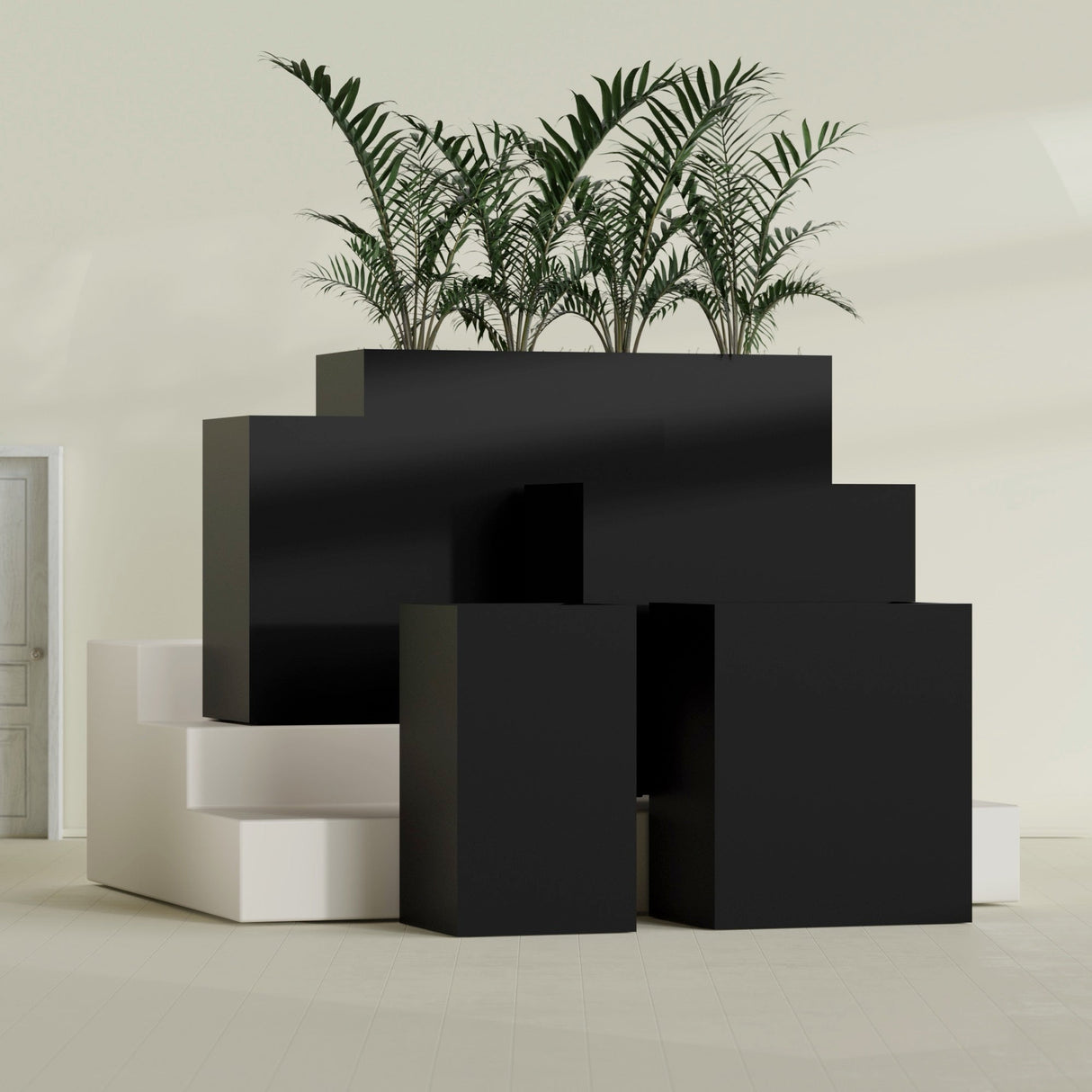 Darwin Rectangular fiberglass planter in Matte Black, size range, in a sunlit interior