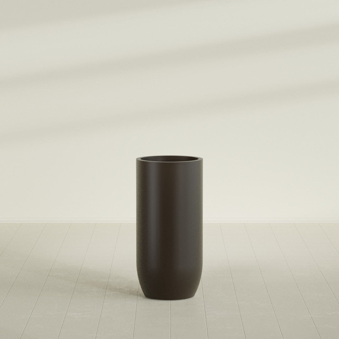 Saint Tropez Bullet Round Planter in Matte Dark Brown, 24"D × 50"H, shown empty
