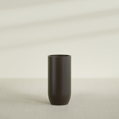 Saint Tropez Bullet Round Planter in Matte Dark Brown, 24"D × 50"H, shown empty