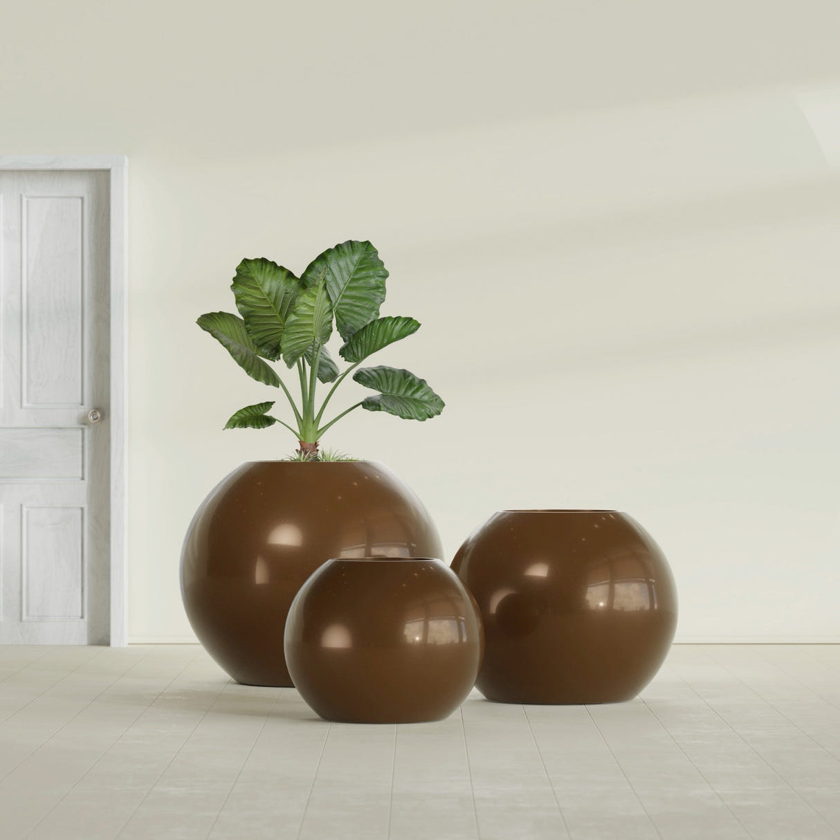 Globe fiberglass planter in Metallic Bronze, size range, in a sunlit interior