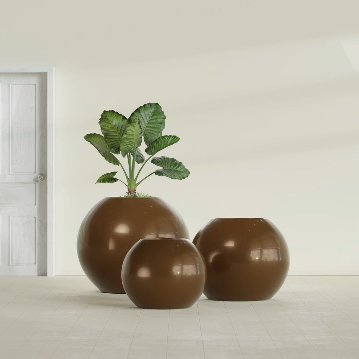Globe fiberglass planter in Metallic Bronze, size range, in a sunlit interior