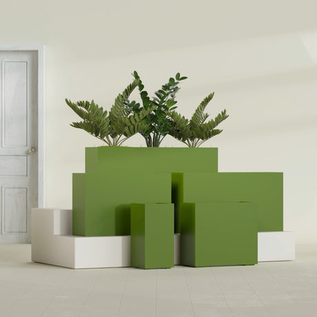 Potsdam Rectangular fiberglass planter in Satin Green, size range, in a sunlit interior