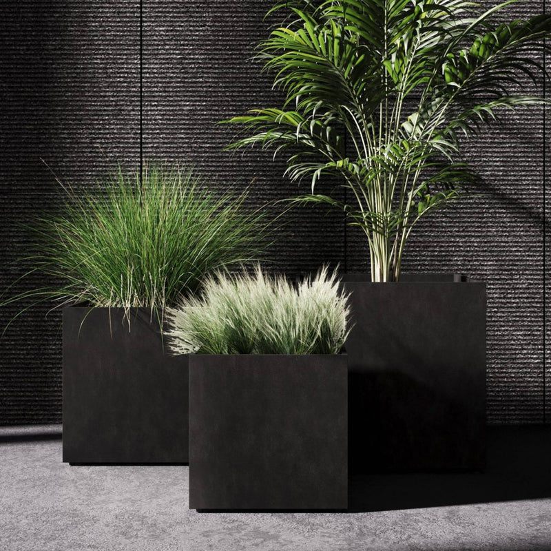 Cosapots Reglito Cube planters in charcoal stone finish, grouped and planted with grasses