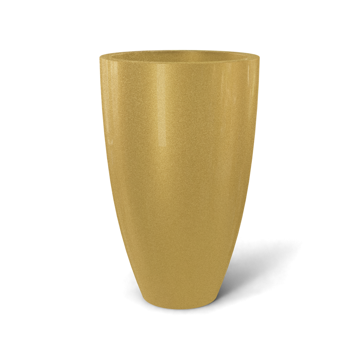 Brannan tapered round fiberglass planter in Gloss Metallic Gold, studio render