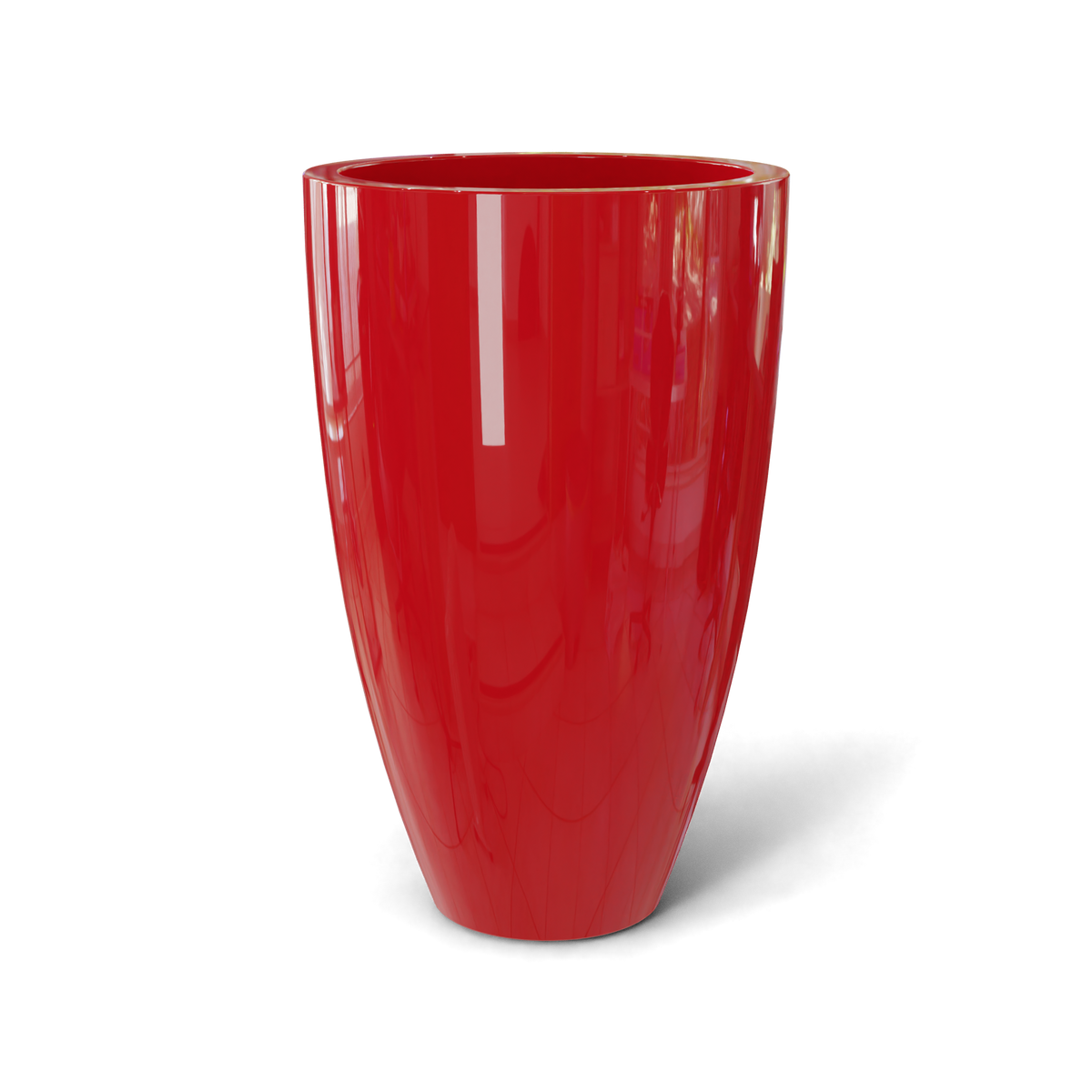 Brannan tapered round fiberglass planter in Gloss Red, studio render