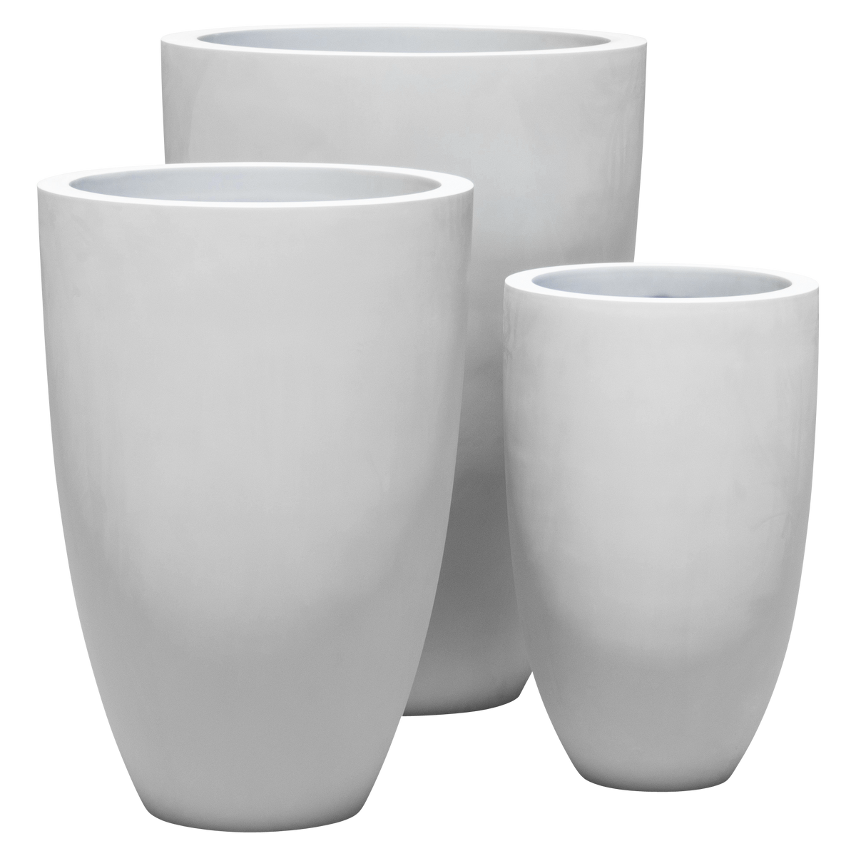 Brannan tapered round fiberglass planter shown in all sizes side by side in a studio render for comparing sizes: D 18 in × 29 in, D 24 in × 35 in, D 30 in × 41 in