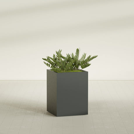 Brisbane corner fiberglass planter, in a dark finish, planted with ferns