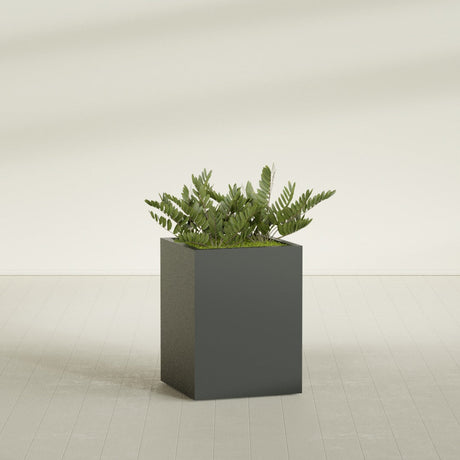 Brisbane corner fiberglass planter, in a dark finish, planted with ferns