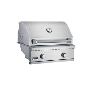 Broilmaster B Series Stainless Gas Grills with dual control knobs and built-in thermometer in premium stainless steel finish