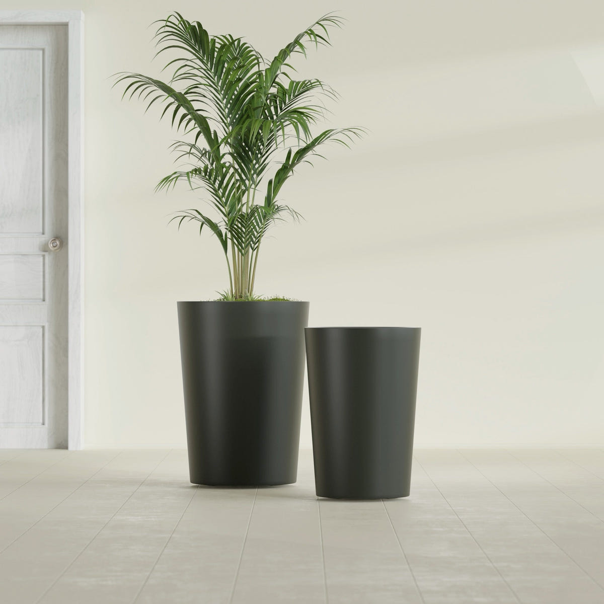 Tegel Round Tapered fiberglass planter in Matte Charcoal, size range, in a sunlit interior
