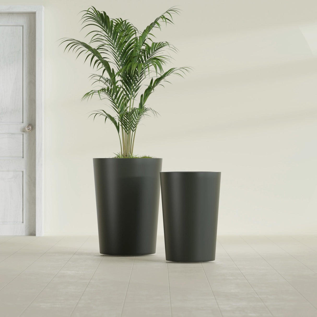Tegel Round Tapered fiberglass planter in Matte Charcoal, size range, in a sunlit interior