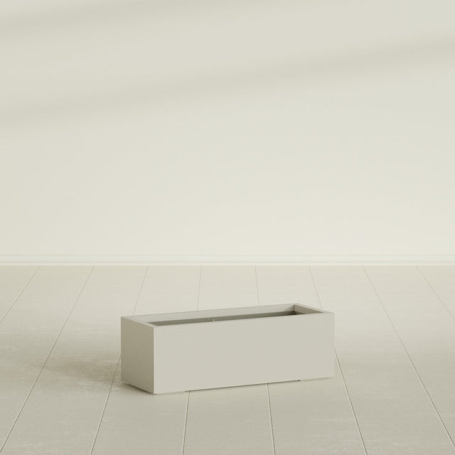 Cuba Low Rectangular Planter in Satin Beige, 36"L × 14"D × 12"H, shown empty