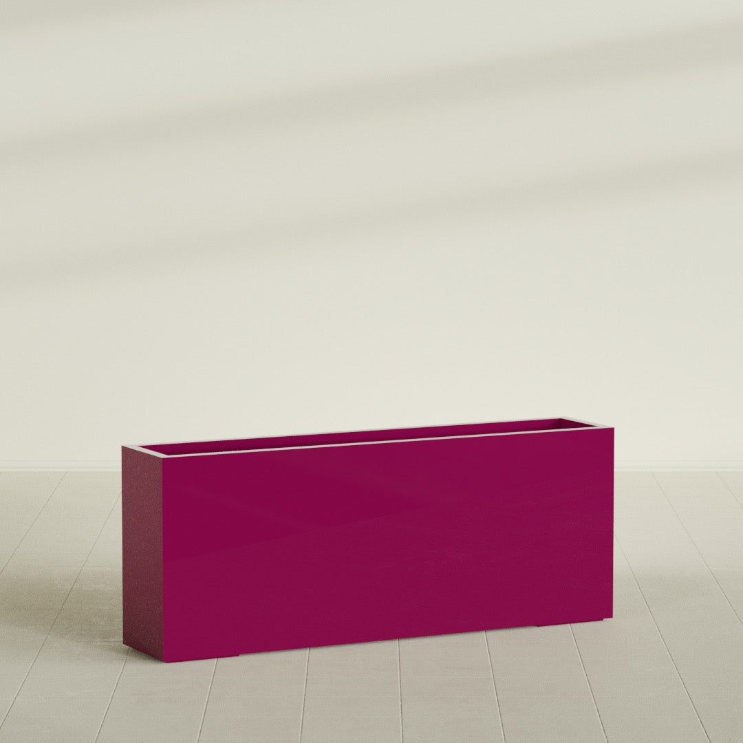 Hollywood Narrow Rectangular Planter in Gloss Eggplant, 60"L × 12"D × 24"H, shown empty
