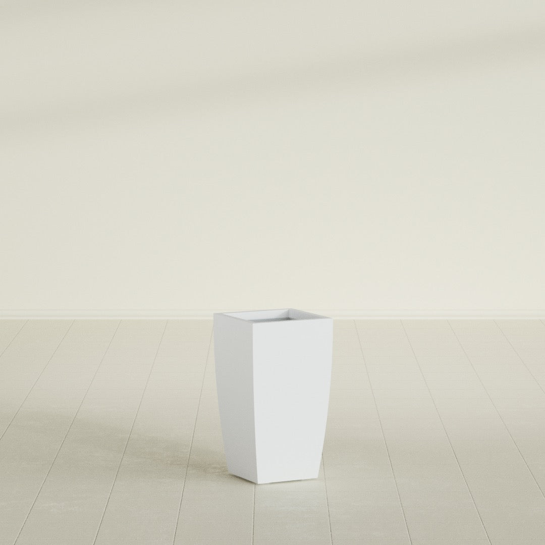 Toulan Tapered Square Planter in Gloss Bright White, 12"W × 22"H, shown empty