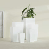 Toulan Tapered Square fiberglass planter in Gloss Bright White, size range, in a sunlit interior