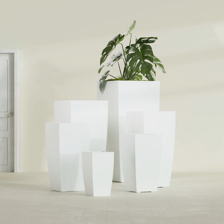 Toulan Tapered Square fiberglass planter in Gloss Bright White, size range, in a sunlit interior