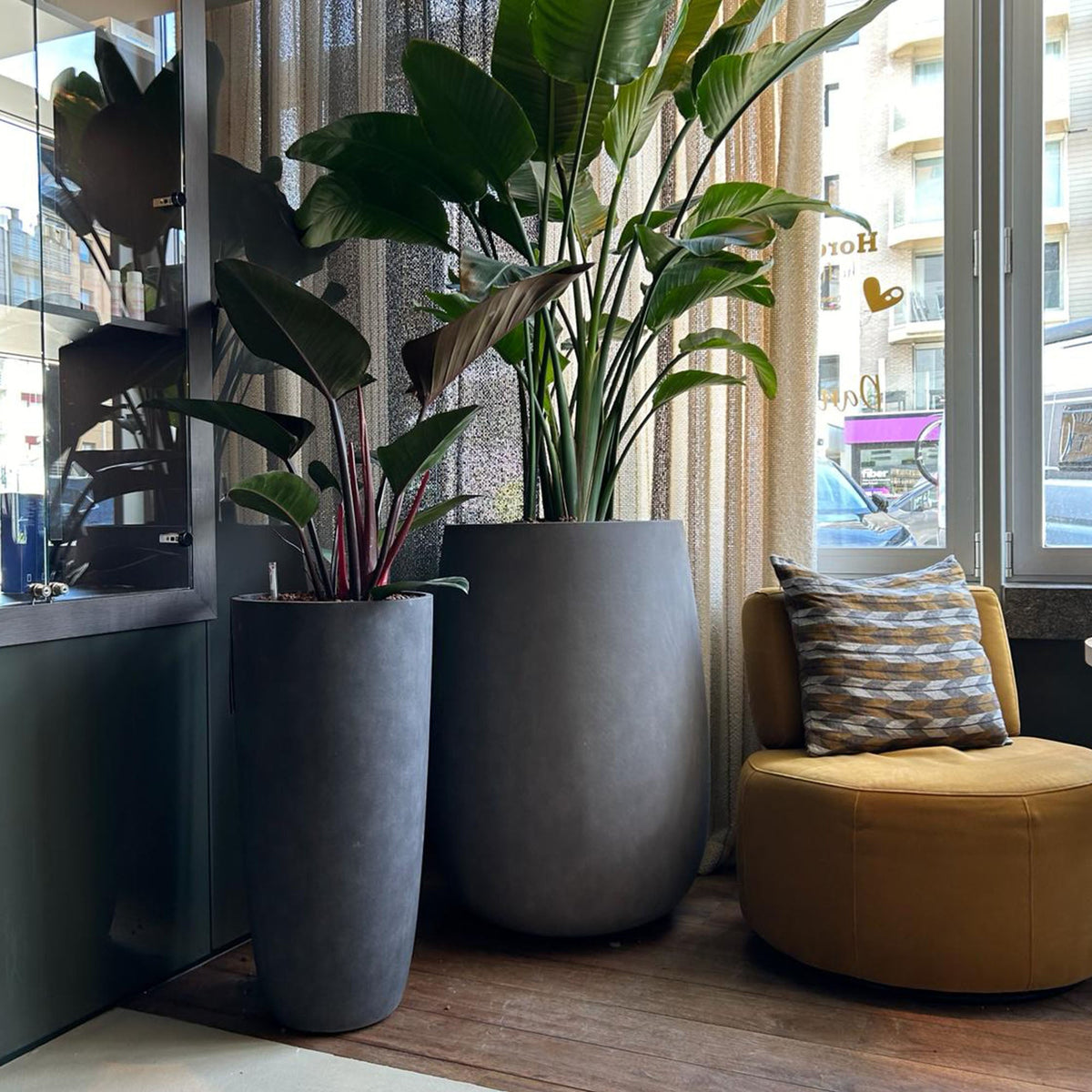 Mondo High tall round Cosapots fiberglass planter, shown planted in a styled setting.