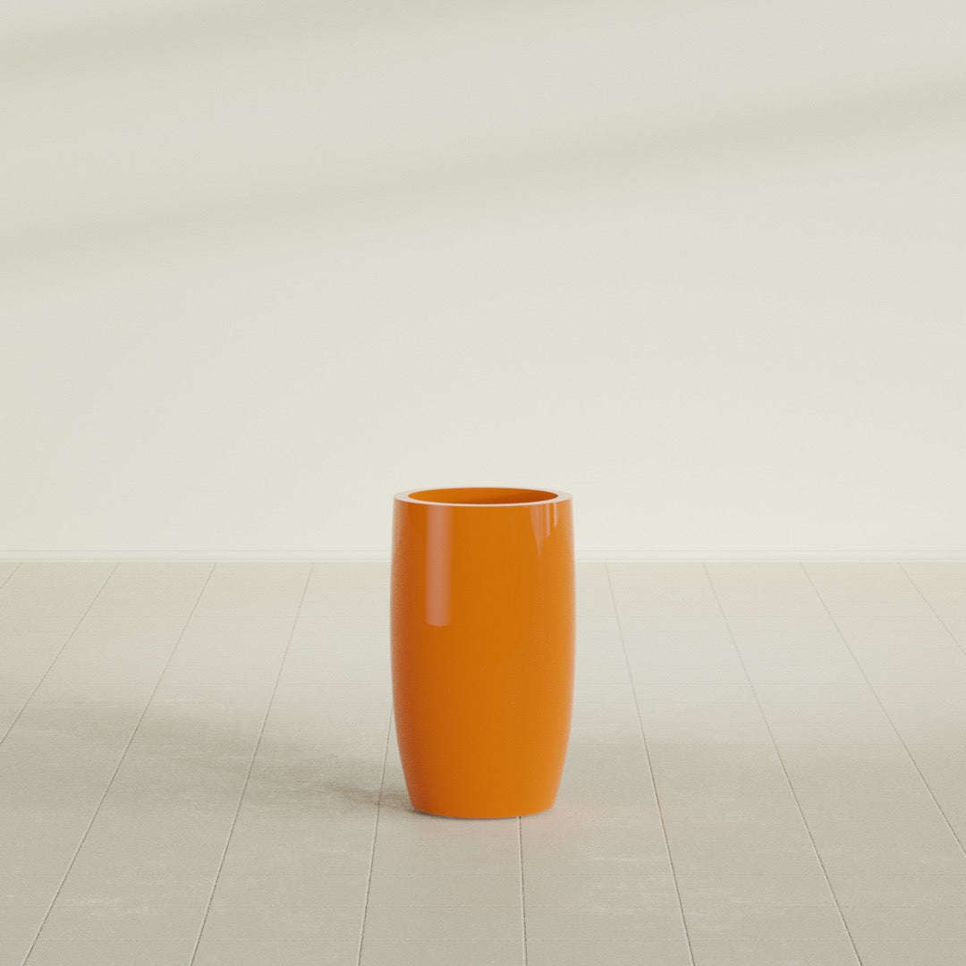 Lisbon tall round tapered fiberglass planter in Gloss Tangerine, 14 in diameter, 25 in high, shown empty