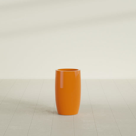 Lisbon tall round tapered fiberglass planter in Gloss Tangerine, 14 in diameter, 25 in high, shown empty