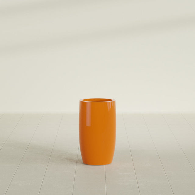 Lisbon tall round tapered fiberglass planter in Gloss Tangerine, 14 in diameter, 25 in high, shown empty