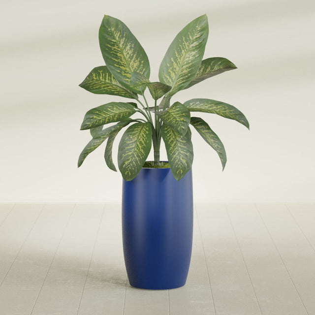Lisbon tall round tapered fiberglass planter in Matte Cobalt Blue, planted, in a sunlit interior