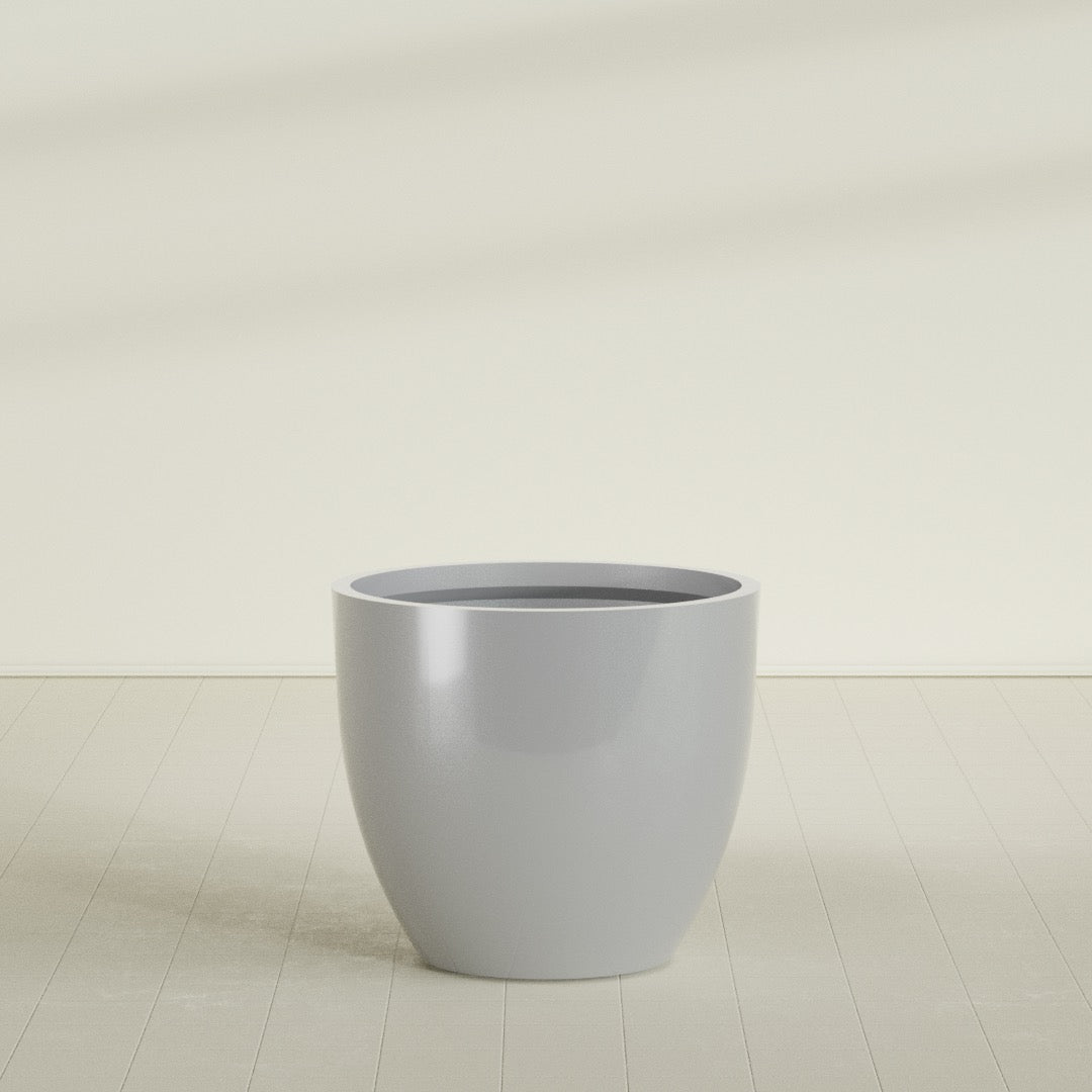 Wannsee Round Planter in Metallic Silver, 44"D × 39"H, shown empty