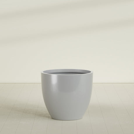 Wannsee Round Planter in Metallic Silver, 44"D × 39"H, shown empty