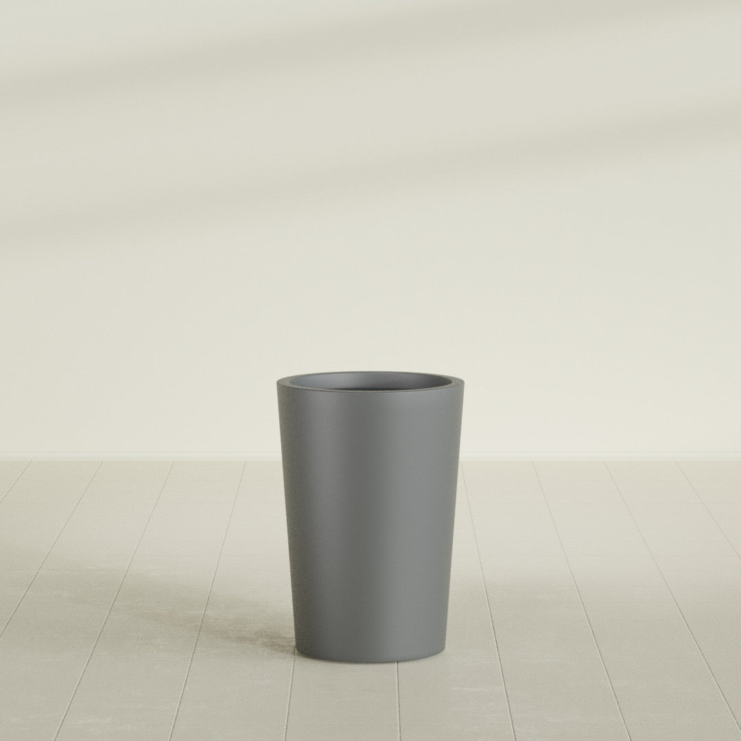 Tegel Round Tapered Planter in Matte Gunmetal, 18"D × 26"H, shown empty