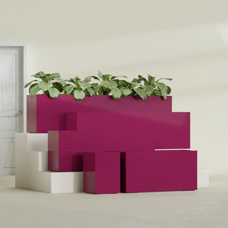 Miami Narrow Rectangular fiberglass planter in Gloss Eggplant, size range, in a sunlit interior
