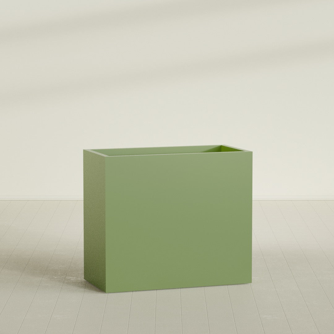 Darwin Rectangular Planter in Satin Green, 48"L × 24"D × 42"H, shown empty