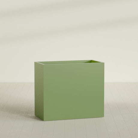 Darwin Rectangular Planter in Satin Green, 48"L × 24"D × 42"H, shown empty