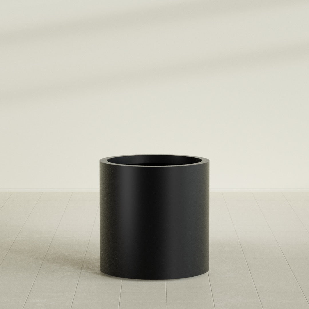 Rio Grande Cylinder Planter in Matte Black, 22"D × 22"H, shown empty