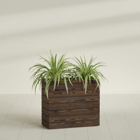 Sedona Tall planter in textured walnut, shown planted, in a sunlit interior
