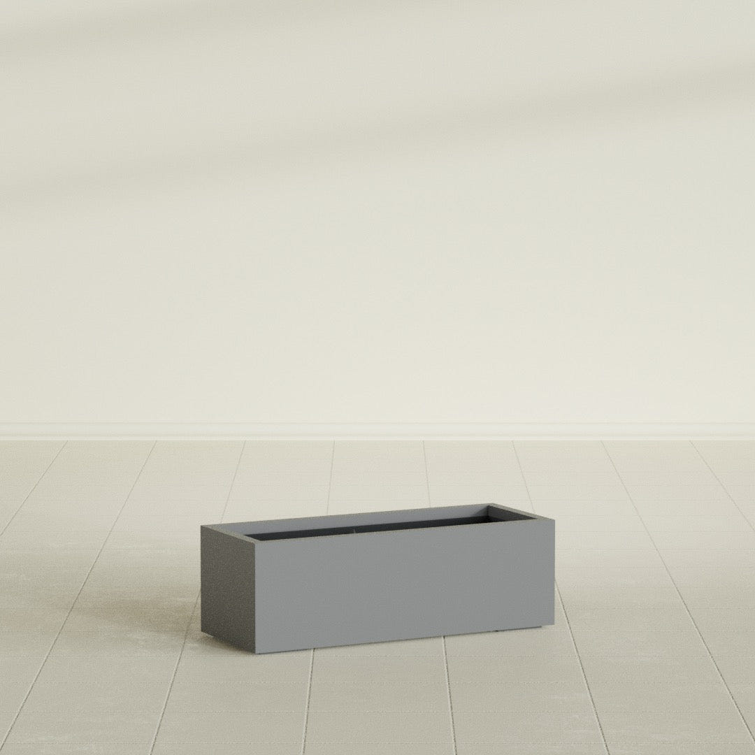 Cuba Low Rectangular Planter in Matte Gunmetal, 36"L × 14"D × 12"H, shown empty