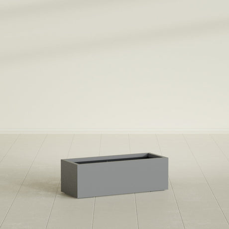 Cuba Low Rectangular Planter in Matte Gunmetal, 36"L × 14"D × 12"H, shown empty