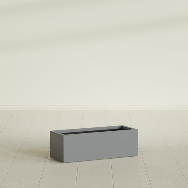 Cuba Low Rectangular Planter in Matte Gunmetal, 36"L × 14"D × 12"H, shown empty